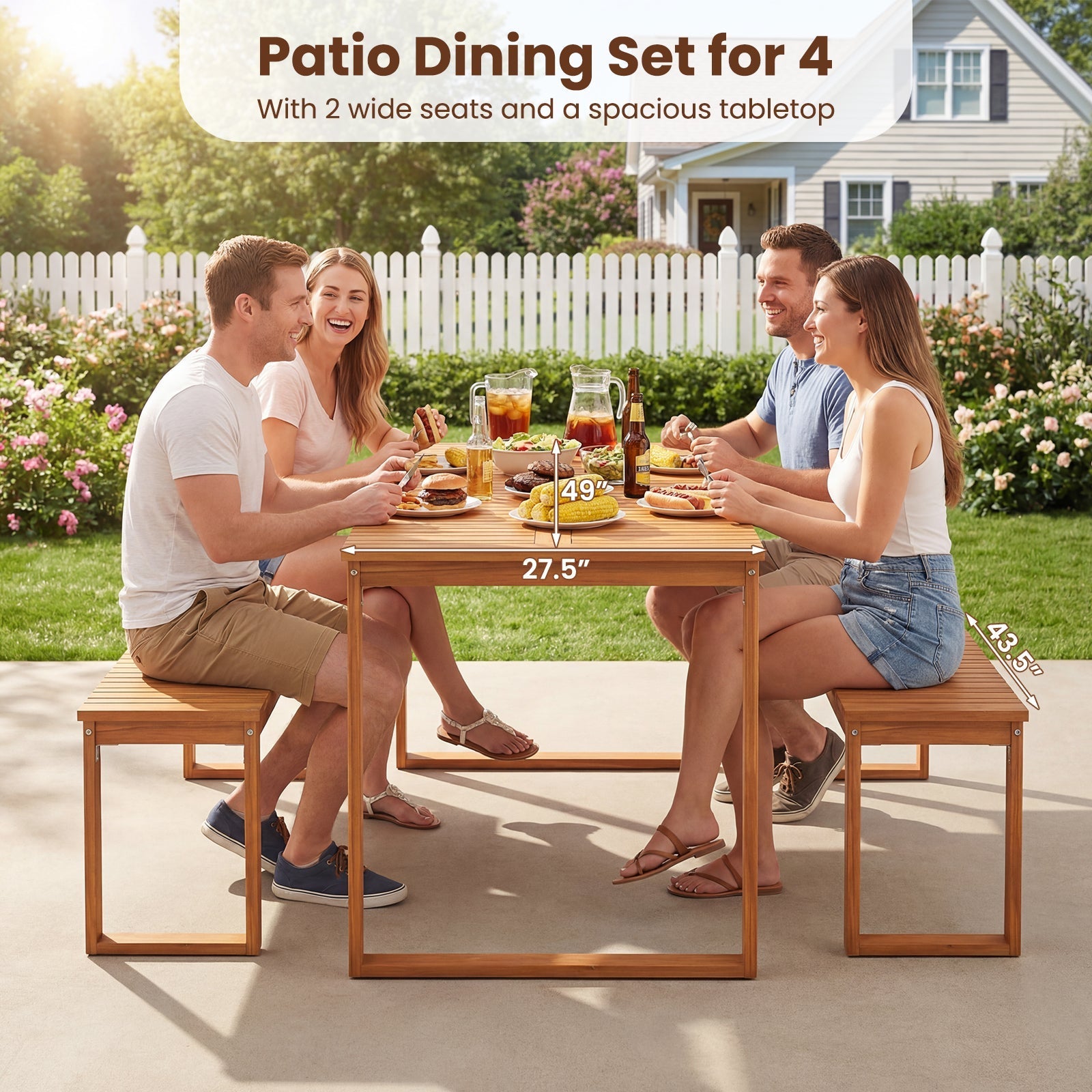 Acacia wood outdoor garden dining set for 4 with slatted table and benches on front porch on Tampa Home & Garden Store
