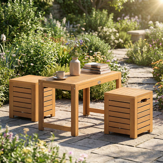 Acacia Wood Outdoor Coffee Table with Stools Set of 2 3 Pieces Patio Table and Stools Set - Tampa Home & Garden Store