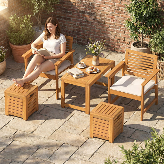 Acacia Wood Outdoor Coffee Table with Stools Set of 2 3 Pieces Patio Table and Stools Set - Tampa Home & Garden Store