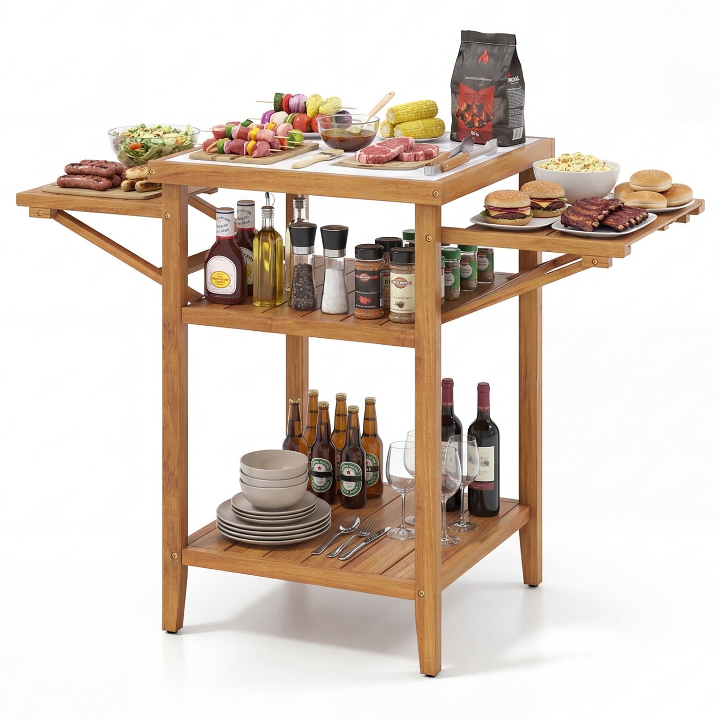 Acacia wood outdoor grill table with faux marble top and drop-leaf sides by GemGear on Tampa Home & Garden Store