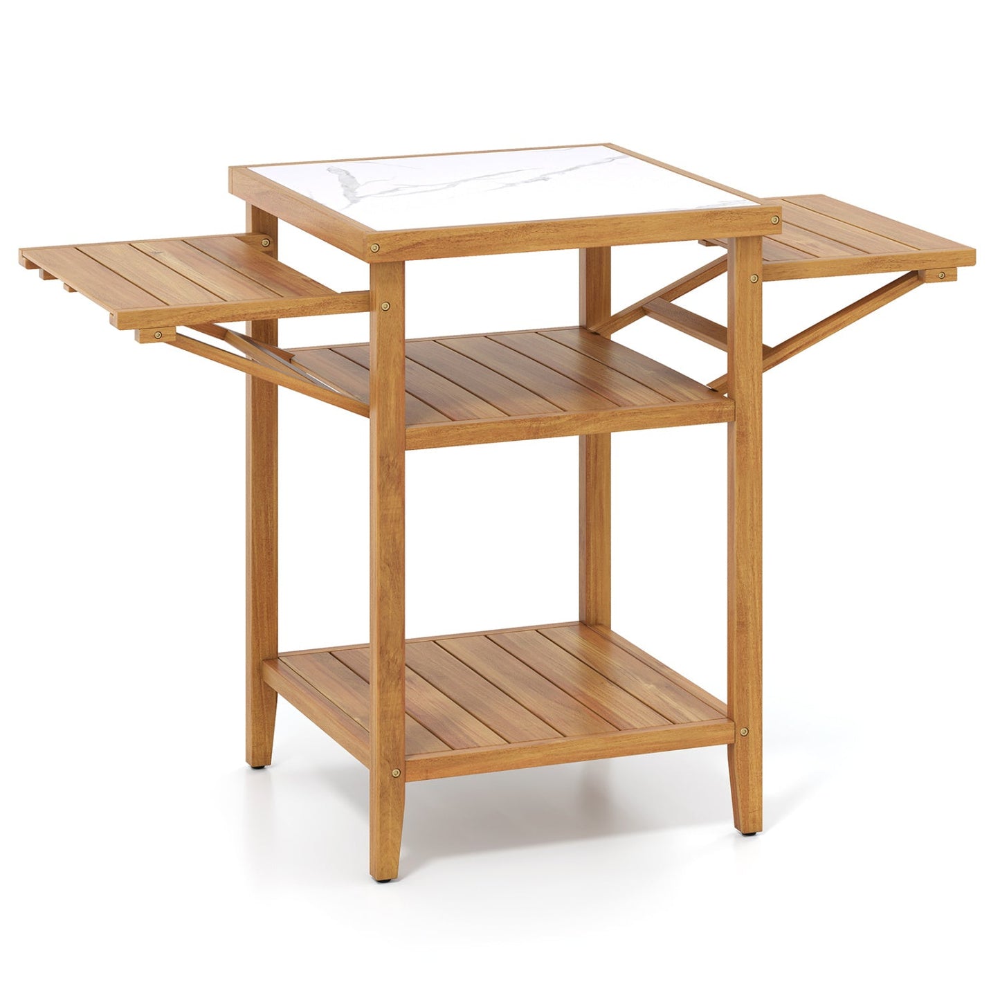 Acacia wood outdoor grill table with faux marble top and drop-leaf sides GemGear on Tampa Home & Garden Store
