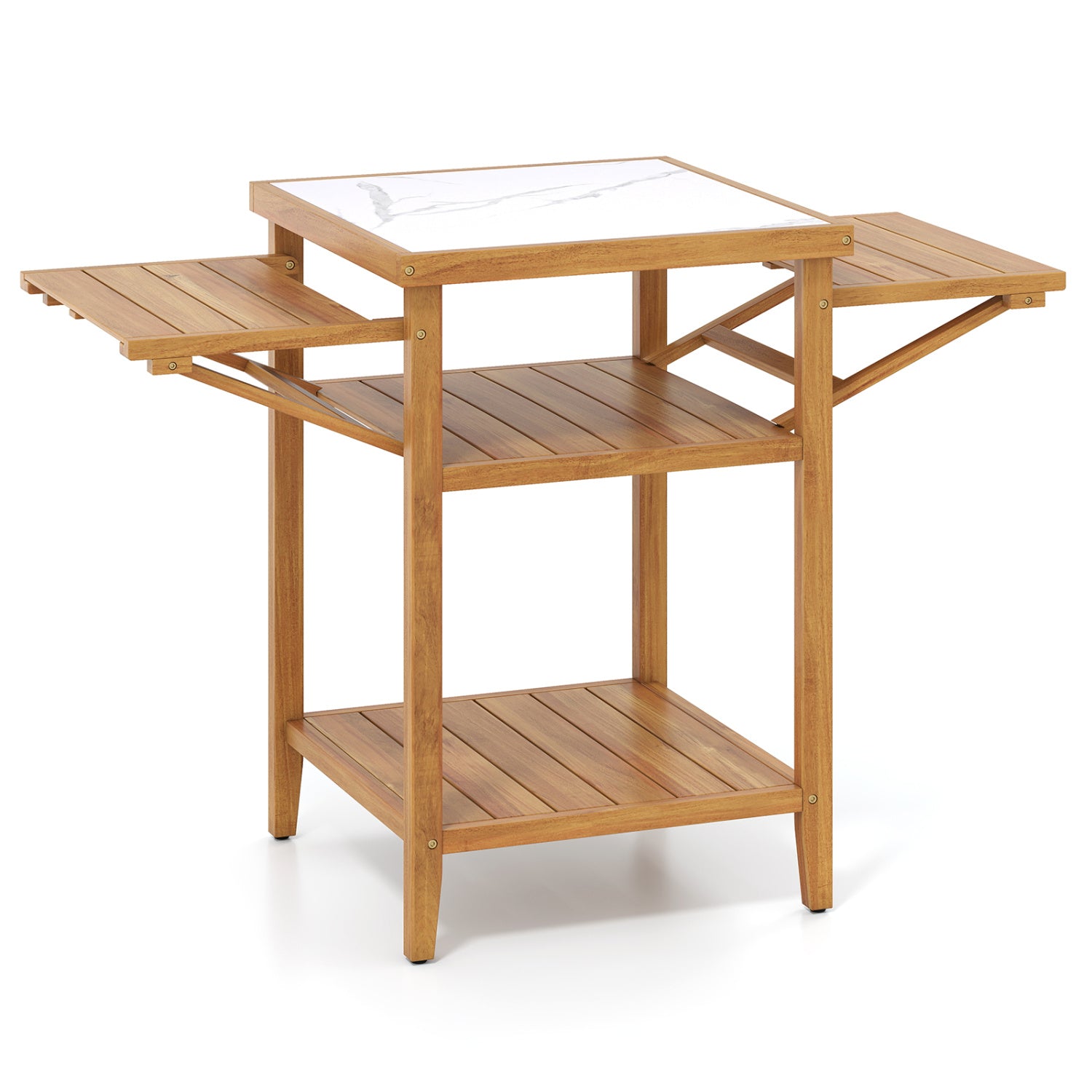 Acacia wood outdoor grill table with faux marble top and drop-leaf sides GemGear on Tampa Home & Garden Store