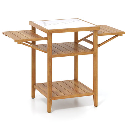 Acacia wood outdoor grill table with faux marble top and drop-leaf sides GemGear on Tampa Home & Garden Store