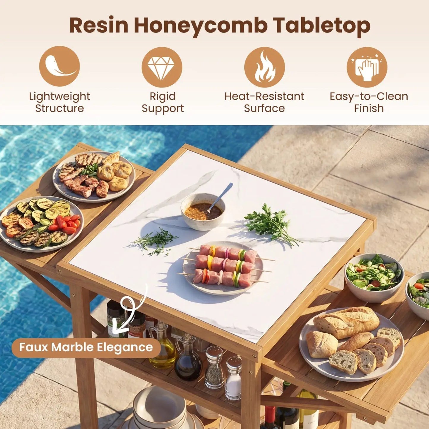Acacia Wood Outdoor Grill Table with Faux Marble