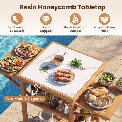 Acacia wood outdoor grill table with faux marble top and drop-leaf panels GemGear on Tampa Home & Garden Store