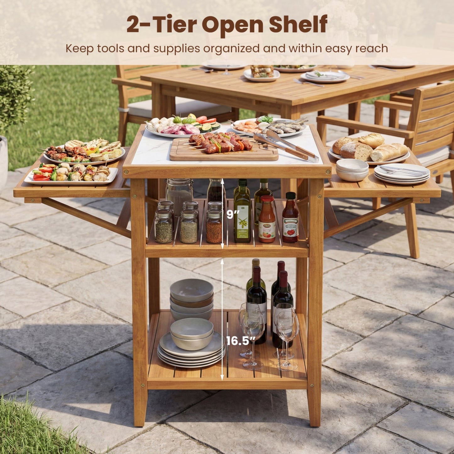 Acacia Wood Outdoor Grill Table by GemGear with faux marble top and drop-leaf panels on Tampa Home & Garden Store