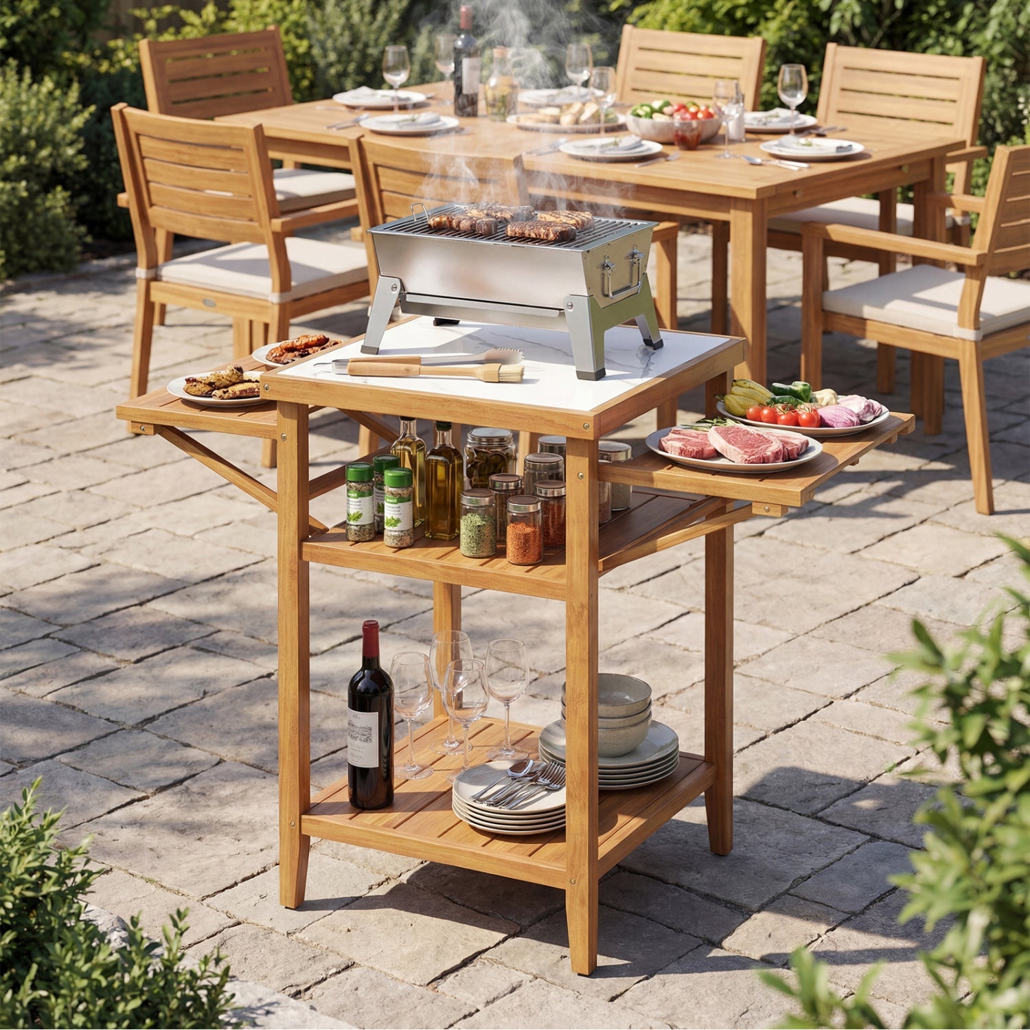 GemGear Acacia wood outdoor grill table with faux marble top and drop-leaf sides on Tampa Home & Garden Store