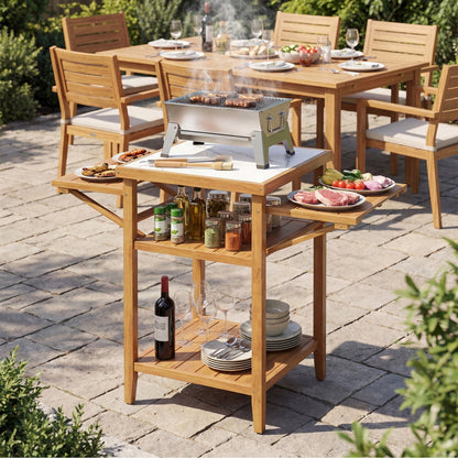 GemGear Acacia wood outdoor grill table with faux marble top and drop-leaf sides on Tampa Home & Garden Store