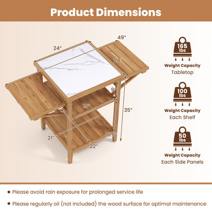 Acacia wood outdoor grill table with faux marble top and drop-leaf side panels by GemGear on Tampa Home & Garden Store