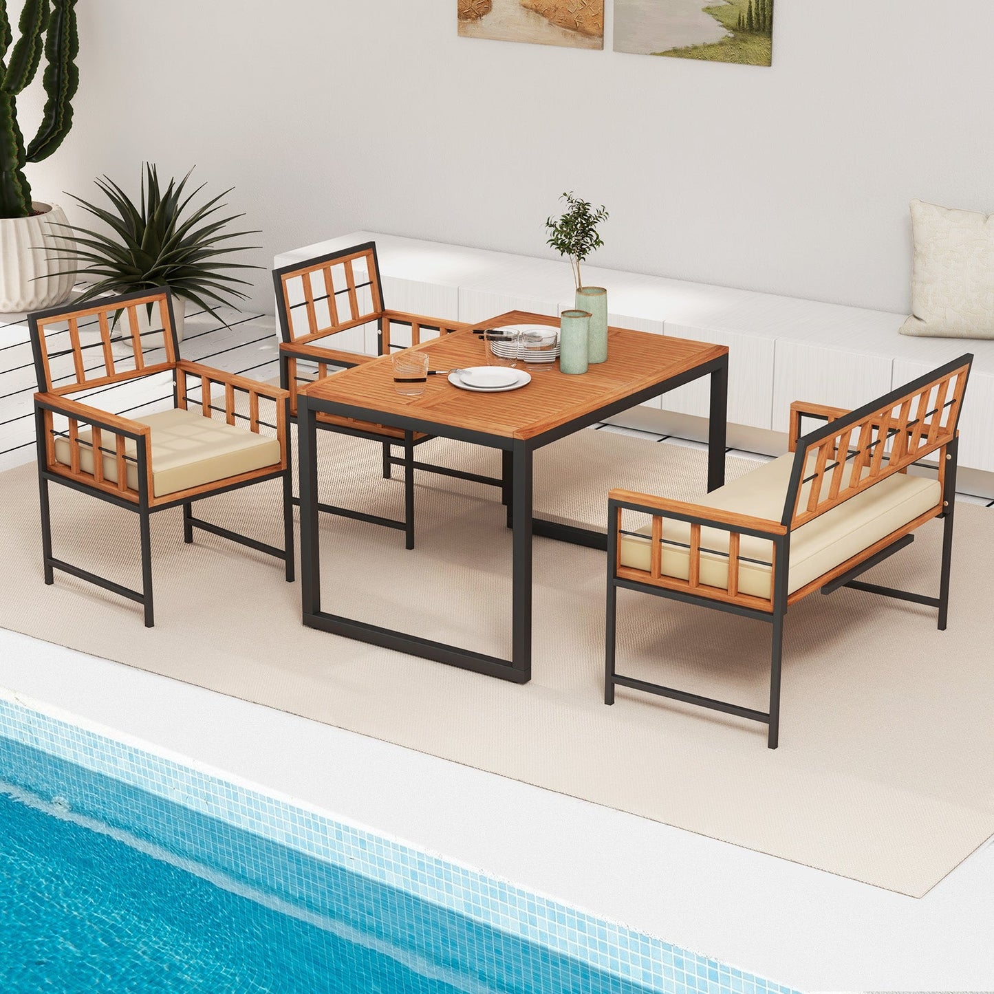 Juego de comedor de patio de 4 piezas de madera de acacia con 1 mesa rectangular - Natural