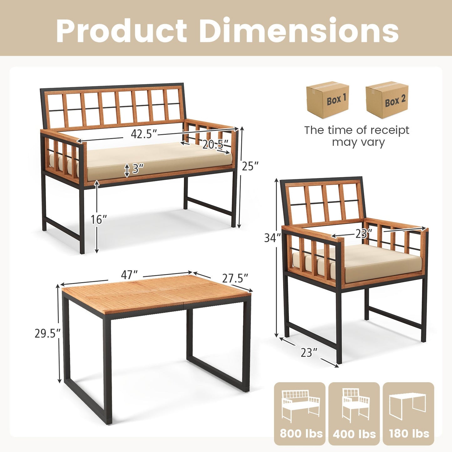 Juego de comedor de patio de 4 piezas de madera de acacia con 1 mesa rectangular - Natural