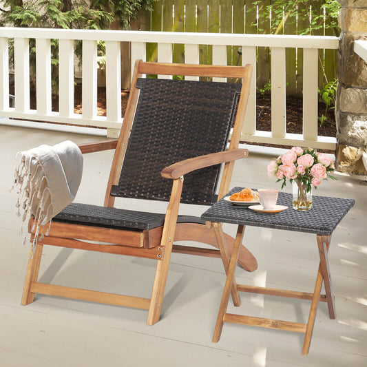 2 Pieces Patio Rattan Folding Lounge Chair with Acacia Wood Table - Tampa Home & Garden Store