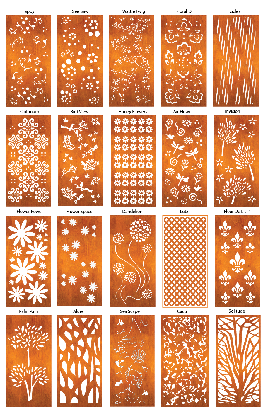 Outdoor metal privacy screen panels by Rustica Ornamentals 20 rust-finish deck panels on Tampa Home & Garden Store
