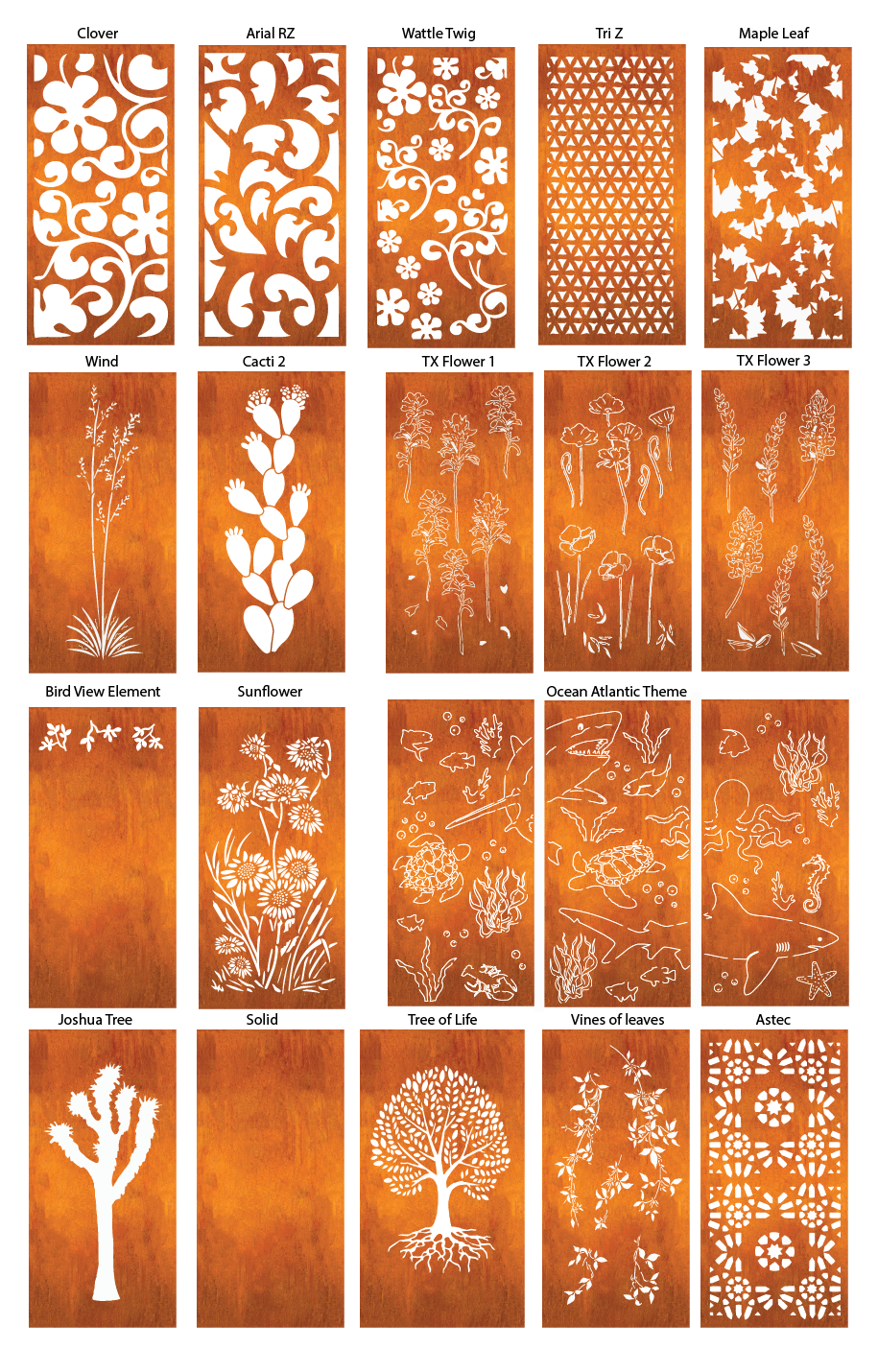 Outdoor metal patio privacy panels by Rustica, heavy-duty steel with decorative cutouts on Tampa Home & Garden Store