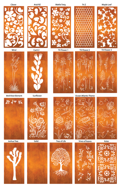 Outdoor metal patio privacy panels by Rustica, heavy-duty steel with decorative cutouts on Tampa Home & Garden Store