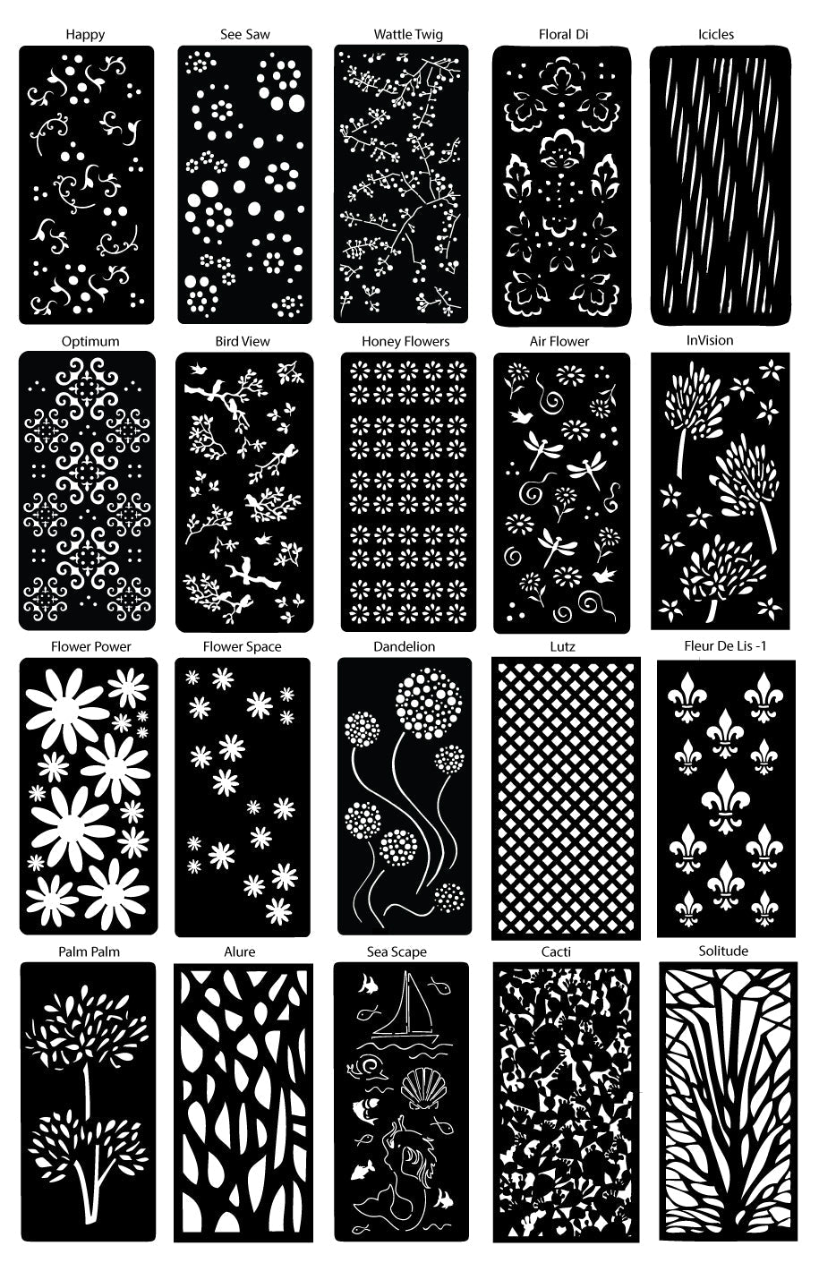 Custom Privacy Screen or Metal Art options by Rustica Ornamentals; 20 black panels, white motifs on Tampa Home & Garden Store