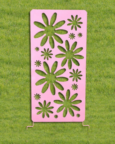 Pink decorative metal wall panel with green flower cutouts, 46 in, Rustica Ornamentals screen on Tampa Home & Garden Store