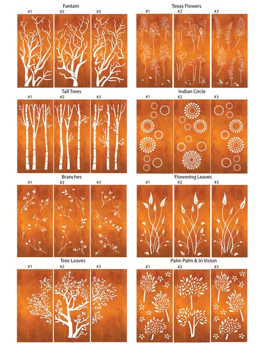 Outdoor metal privacy screen panels by Rustica Ornamentals; steel with white silhouettes on Tampa Home & Garden Store