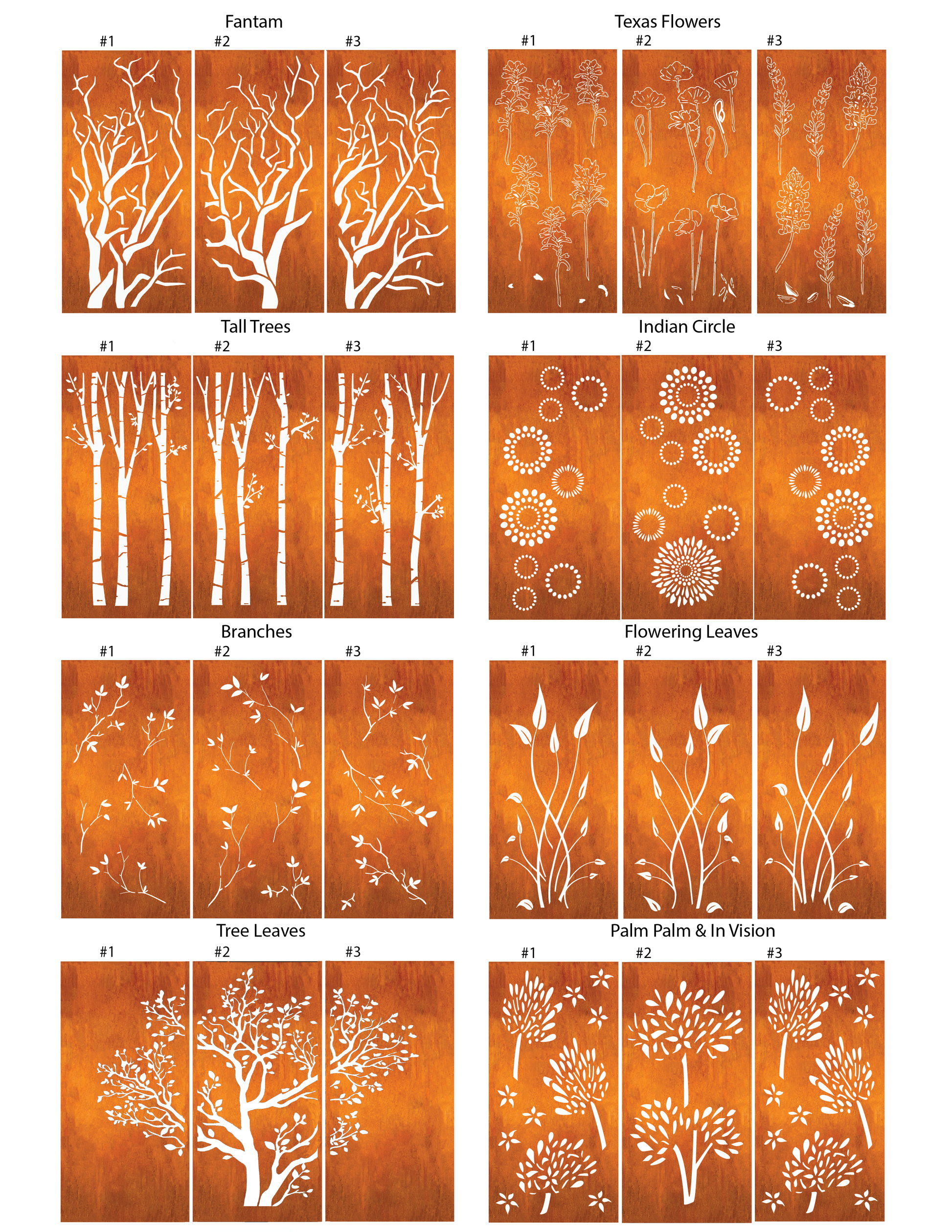Outdoor metal privacy panels Rustica Ornamentals with rust finish and white botanical silhouettes on Tampa Home & Garden Store