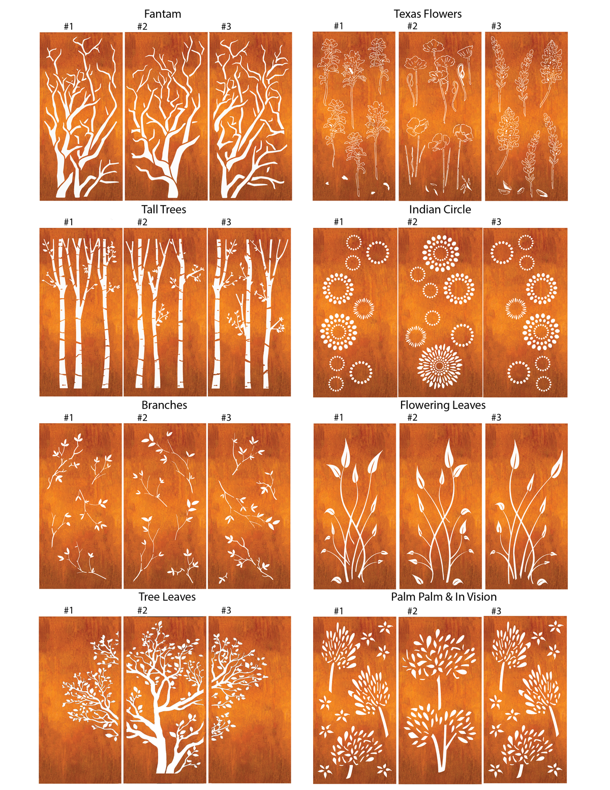 Outdoor metal privacy panel Optimum by Rustica; rust panels with white silhouettes on Tampa Home & Garden Store