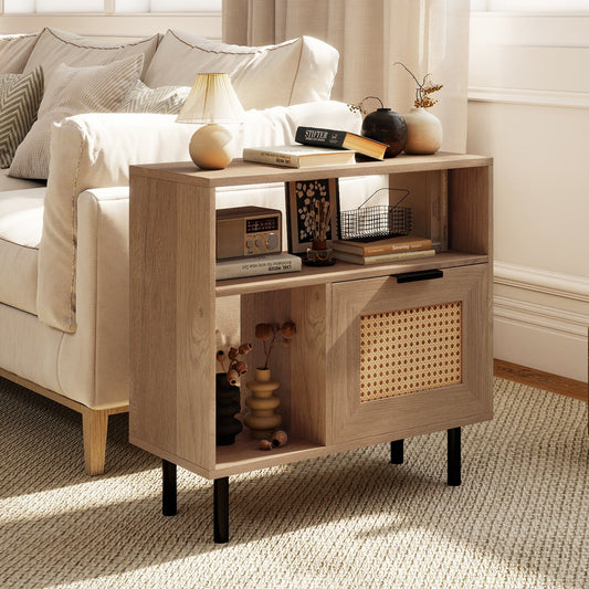Accent Side End Table with Storage Shelf and Cabinet for Small Space-Natural - Tampa Home & Garden Store