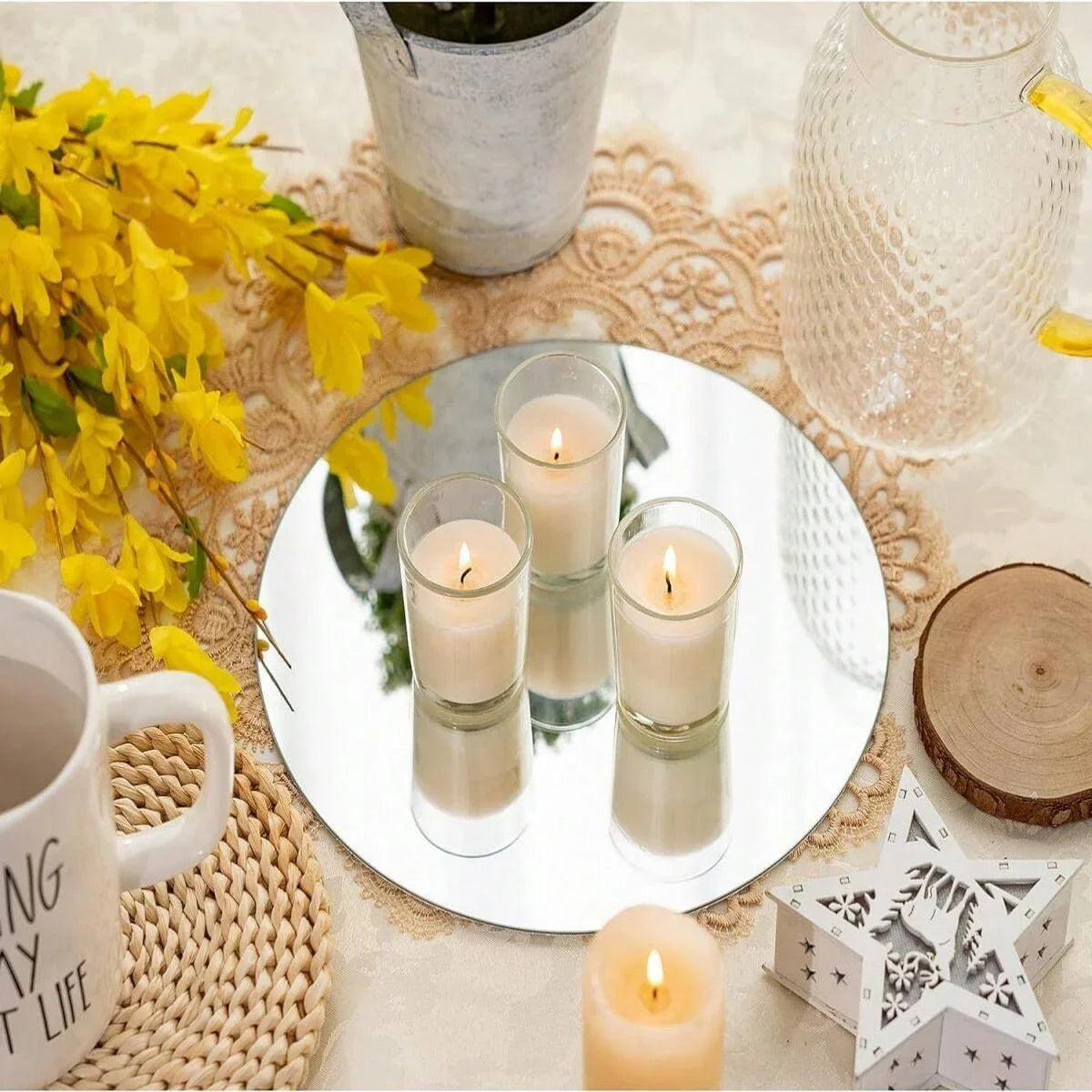 Perfecsy acrylic round mirrors for centerpieces; round mirror tray with 3 candle holders on Tampa Home & Garden Store