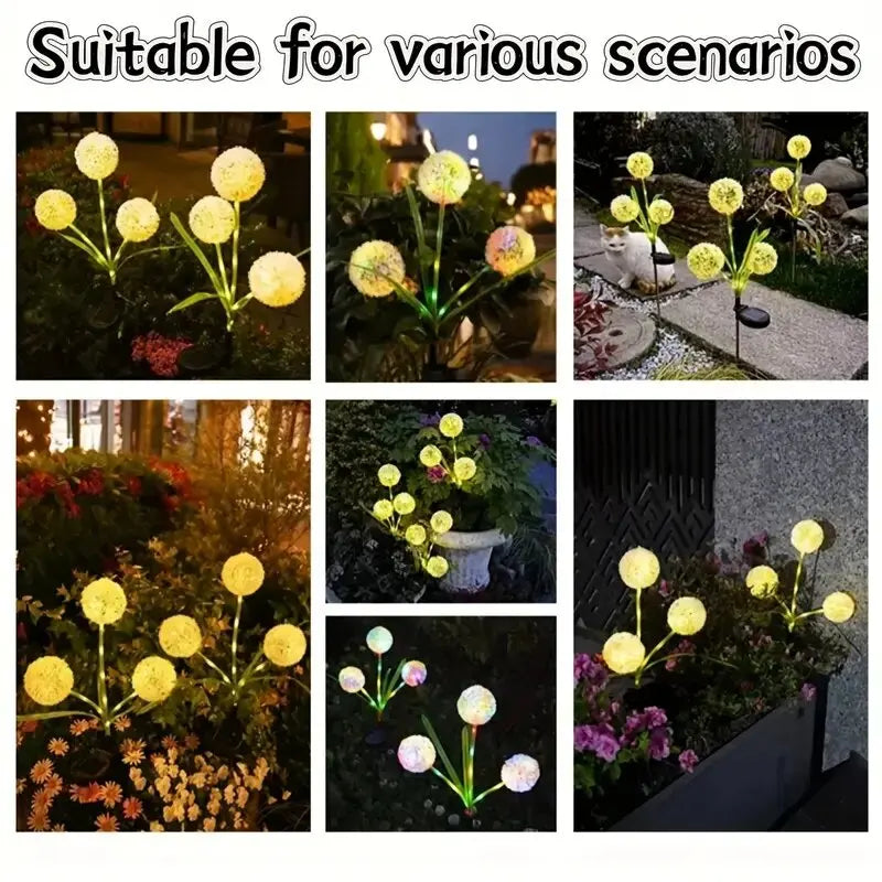 Perfecsy Solar Dandelion LED Lawn Light 3-head garden stake with warm yellow glow, 2 modes on Tampa Home & Garden Store