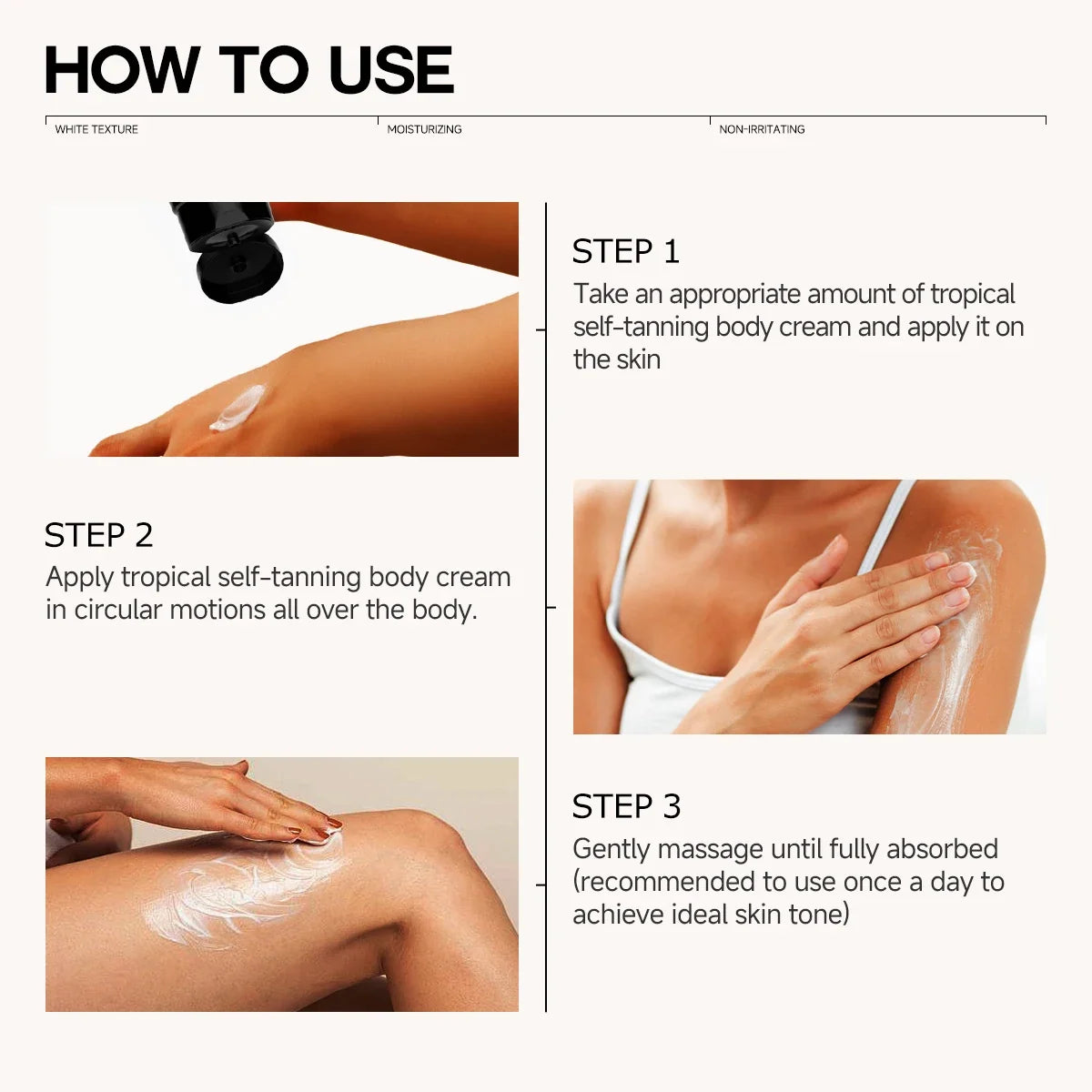 Self-tanning lotion by Silcy Skin usage infographic with bottle dispense and body massage steps on Tampa Home & Garden Store