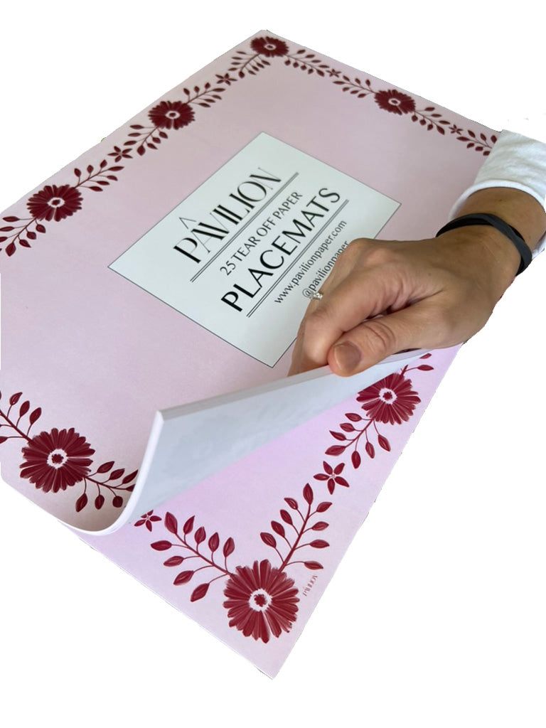 Josephine Daisy placemat pad by Pavilion Paper; pink placemats with burgundy daisy border on Tampa Home & Garden Store