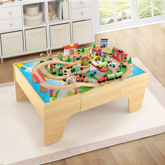 84-Piece Wooden Train Set with Reversible and Detachable Tabletop - Tampa Home & Garden Store