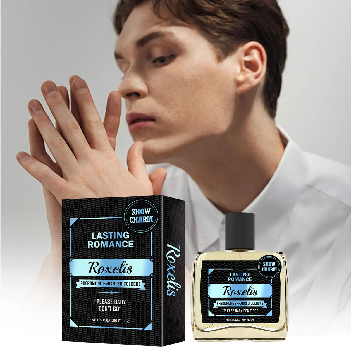 Roxelis pheromone cologne bottle with black box labeled lasting romance by Silcy Skin on Tampa Home & Garden Store