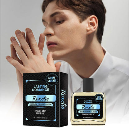 Roxelis pheromone cologne bottle with black box labeled lasting romance by Silcy Skin on Tampa Home & Garden Store