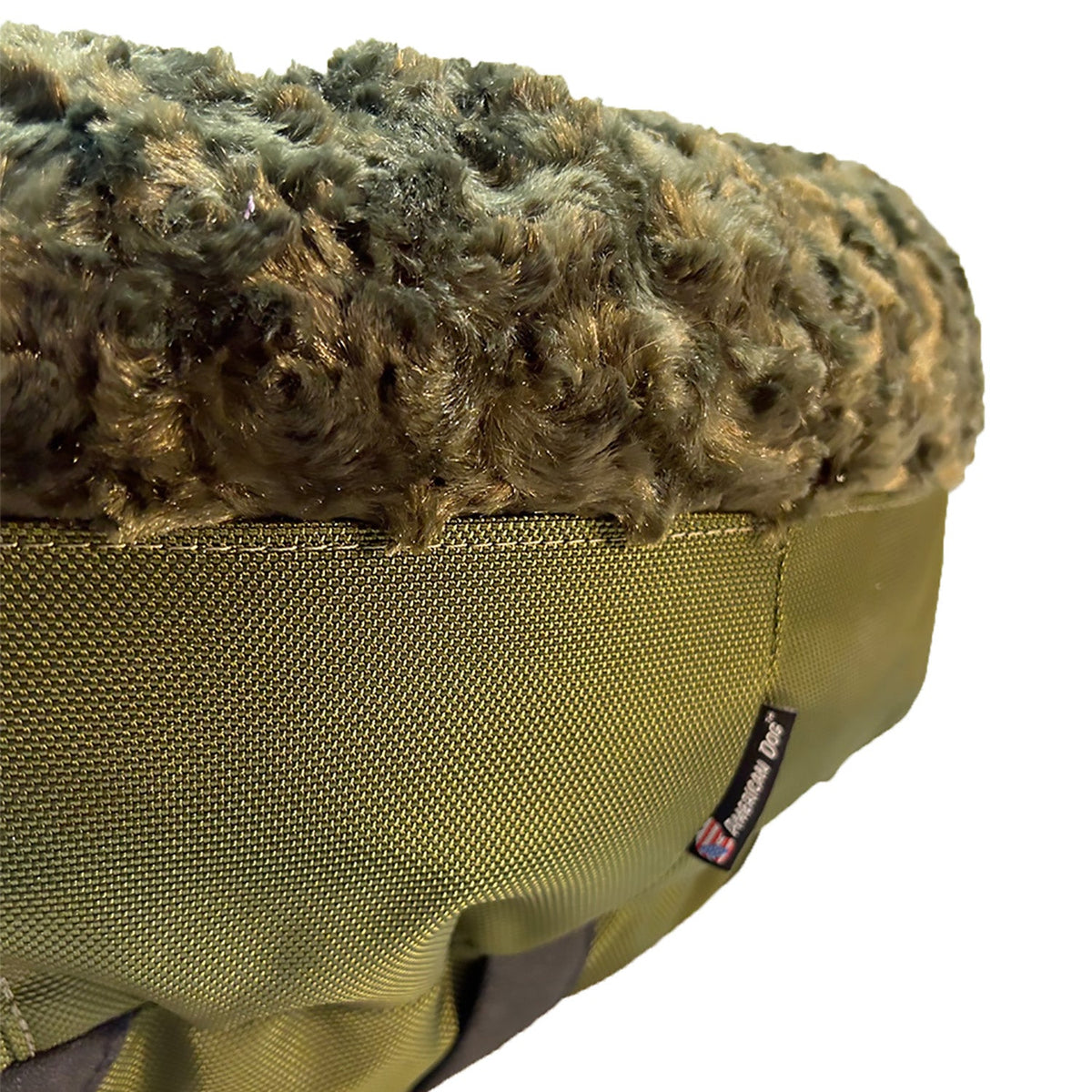 Dog Bed Round Bolstered Furvana by American Dog in olive green with plush faux fur rim on Tampa Home & Garden Store