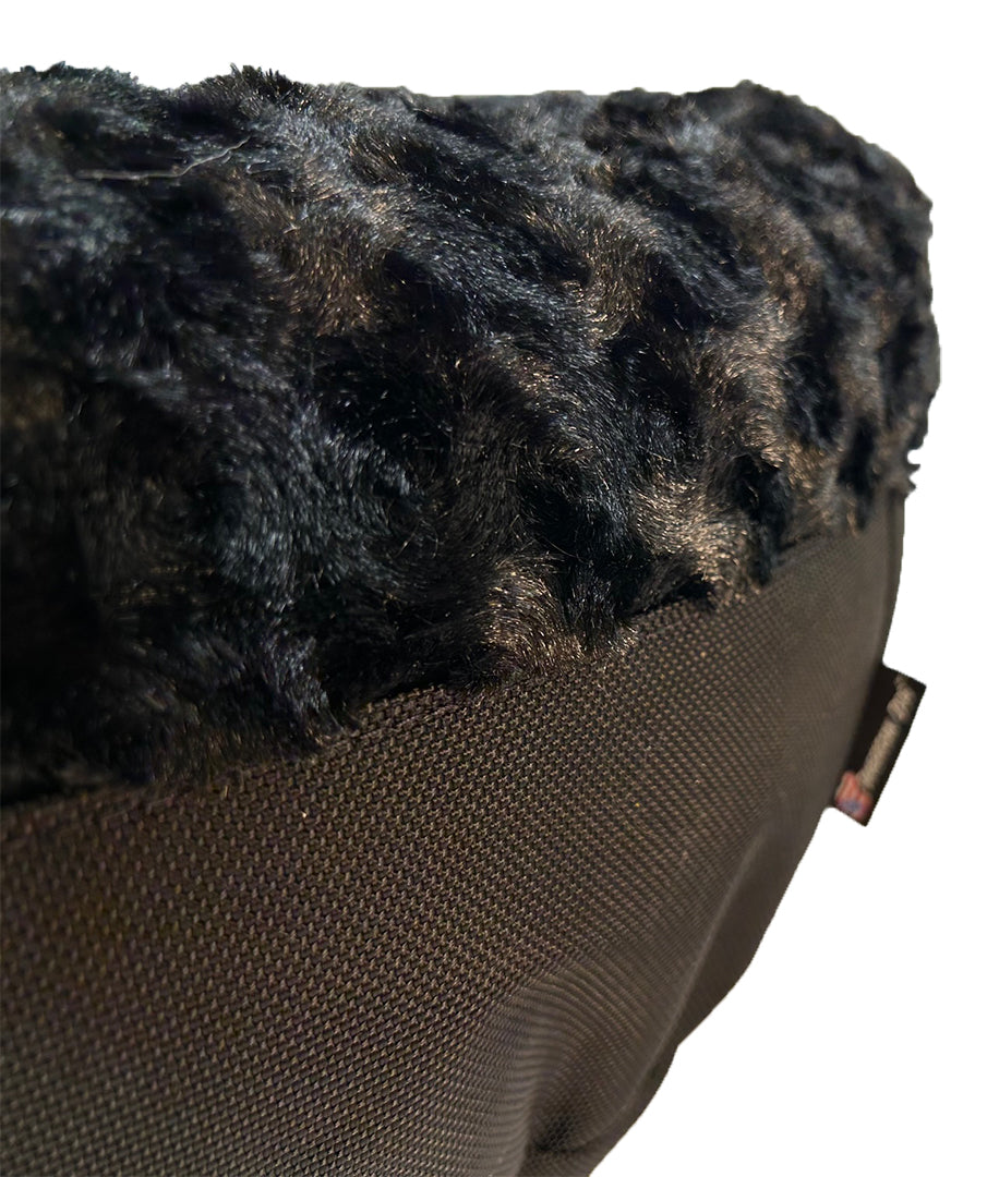 Round bolstered Furvana dog bed with black faux fur trim and brown sides by American Dog on Tampa Home & Garden Store