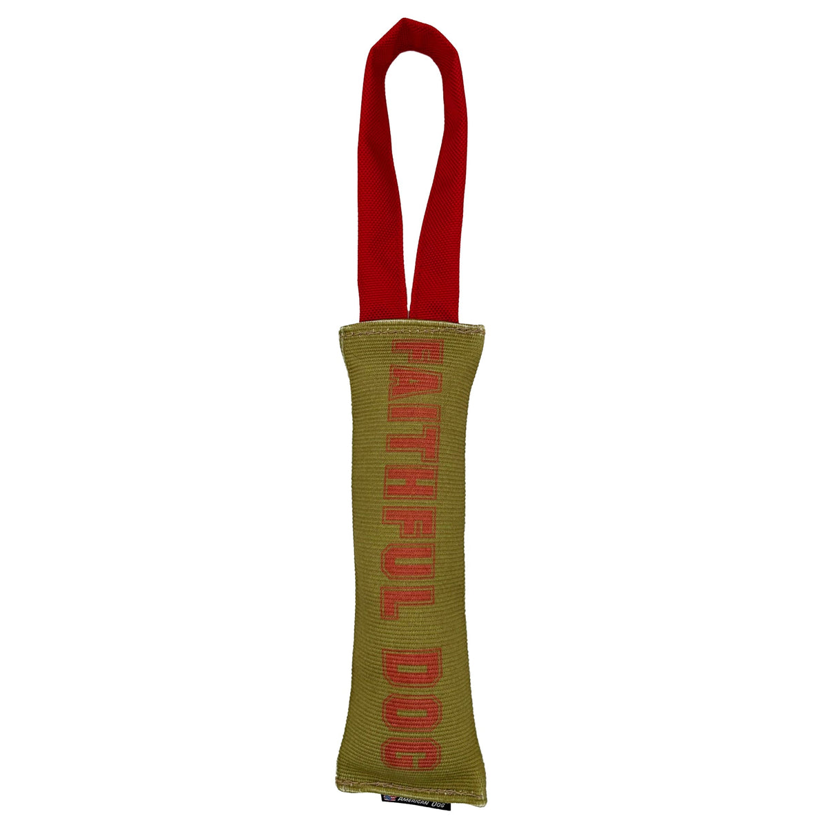 Fire Hose Dog Toy Tugs by American Dog; tan fire hose rope with two red handles on Tampa Home & Garden Store