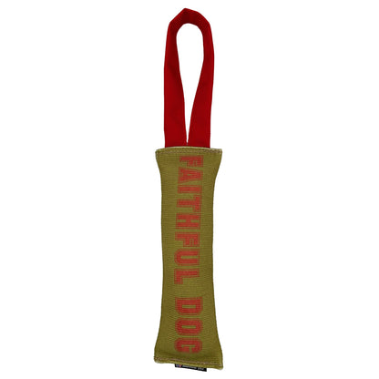 Fire Hose Dog Toy Tugs by American Dog; tan fire hose rope with two red handles on Tampa Home & Garden Store