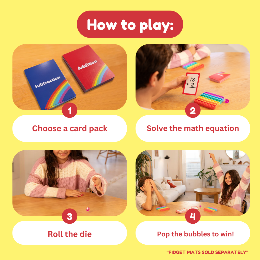 Grade 1 & 2 Addition & Subtraction Card Pack by The Fidget Games, four-step play infographic on yellow background on Tampa Home & Garden Store