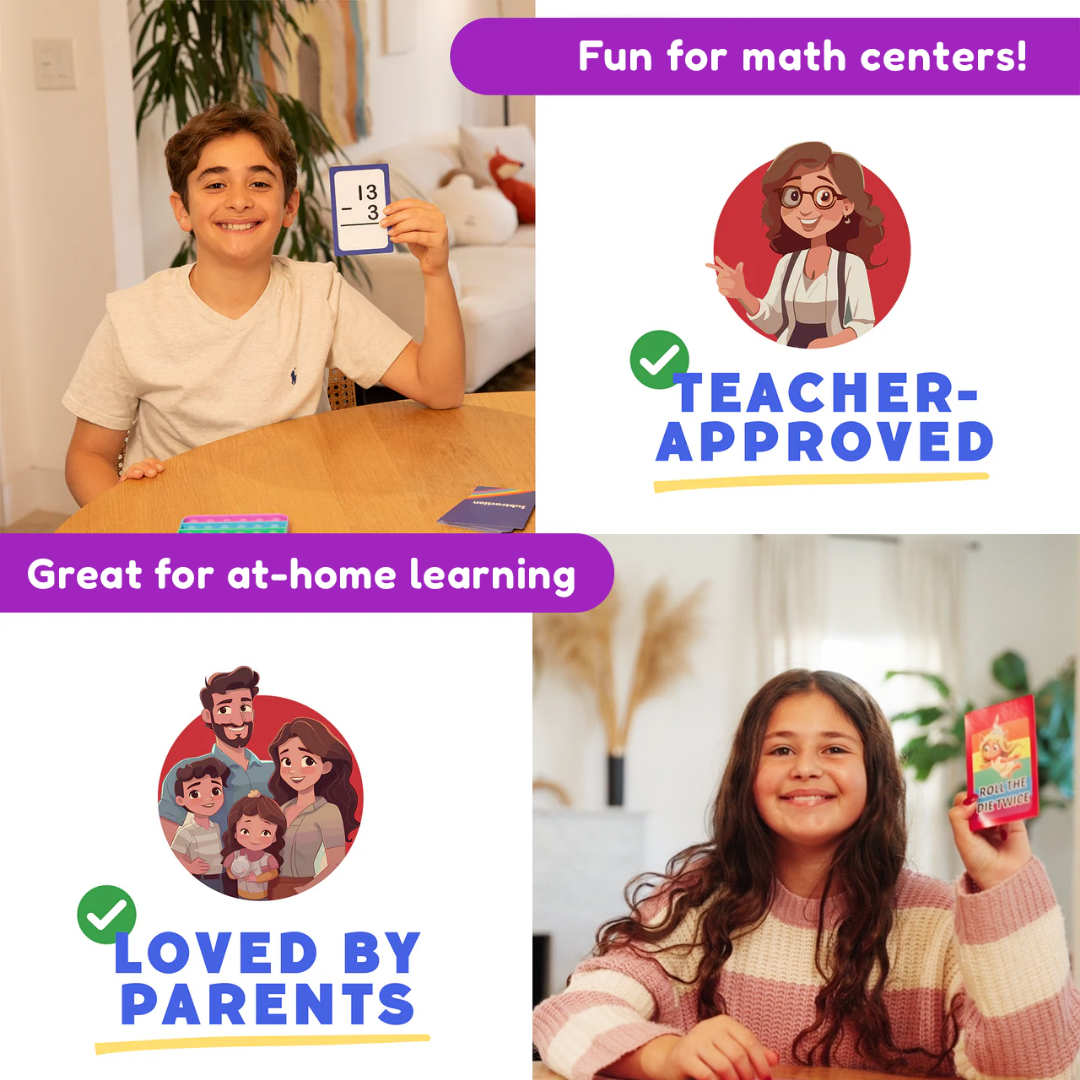 Grade 1 & 2 Addition & Subtraction Card Pack by The Fidget Games, boy proudly holding math cards on Tampa Home & Garden Store