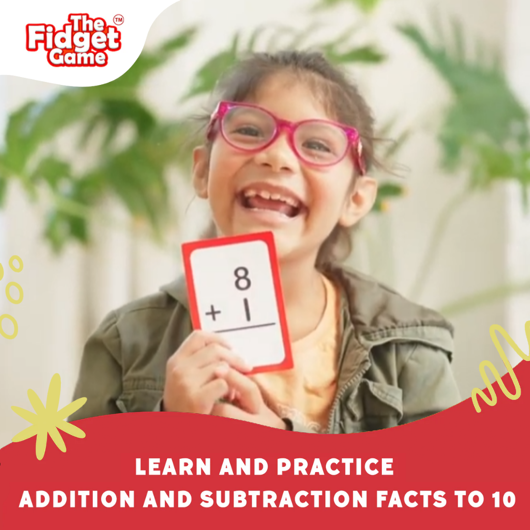 Pre-K & Kindergarten Addition & Subtraction Card Pack by The Fidget Games, red-bordered math flashcard on Tampa Home & Garden Store