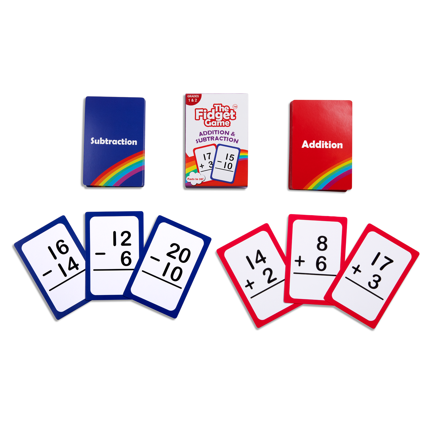 Grade 1 & 2 Addition & Subtraction Card Pack by The Fidget Games; blue subtraction card, white center box, red addition card (3 packs) on Tampa Home & Garden Store