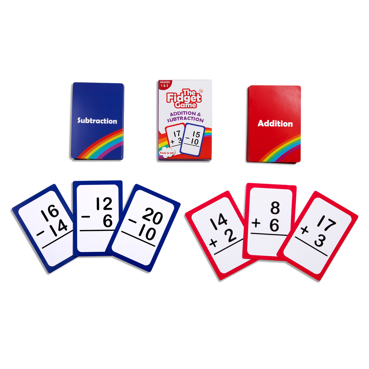 Grade 1 & 2 Addition & Subtraction Card Pack by The Fidget Games; blue subtraction card, white center box, red addition card (3 packs) on Tampa Home & Garden Store