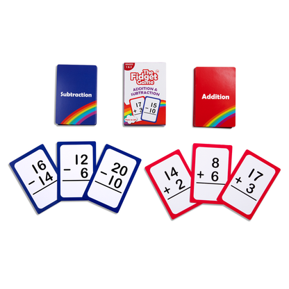 Grade 1 & 2 Addition & Subtraction Card Pack by The Fidget Games; blue subtraction card, white center box, red addition card (3 packs) on Tampa Home & Garden Store