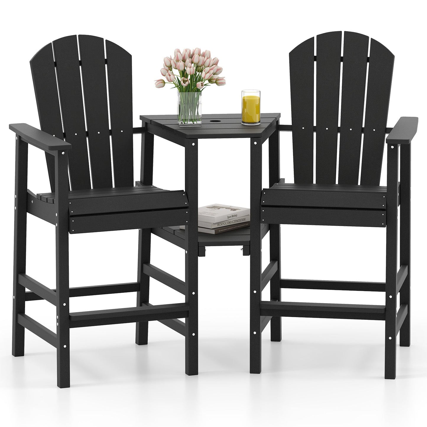 Silla Adirondack de 2 plazas para todo tipo de clima con bandeja de conexión doble - Negra