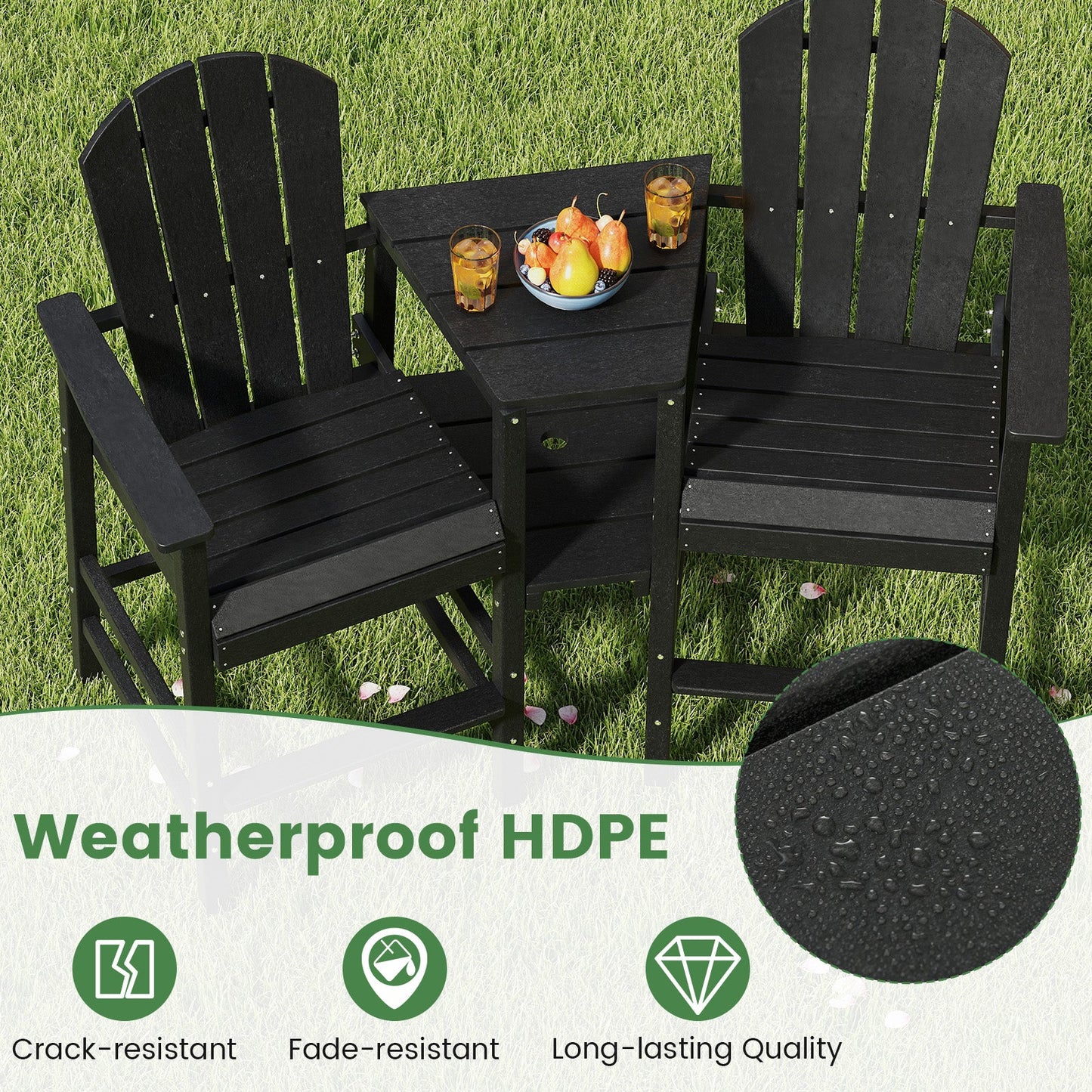 Silla Adirondack de 2 plazas para todo tipo de clima con bandeja de conexión doble - Negra
