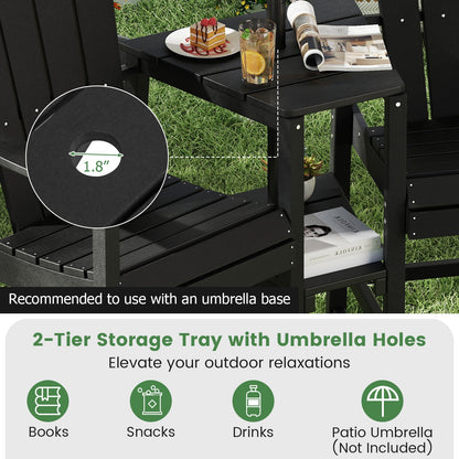 Silla Adirondack de 2 plazas para todo tipo de clima con bandeja de conexión doble - Negra