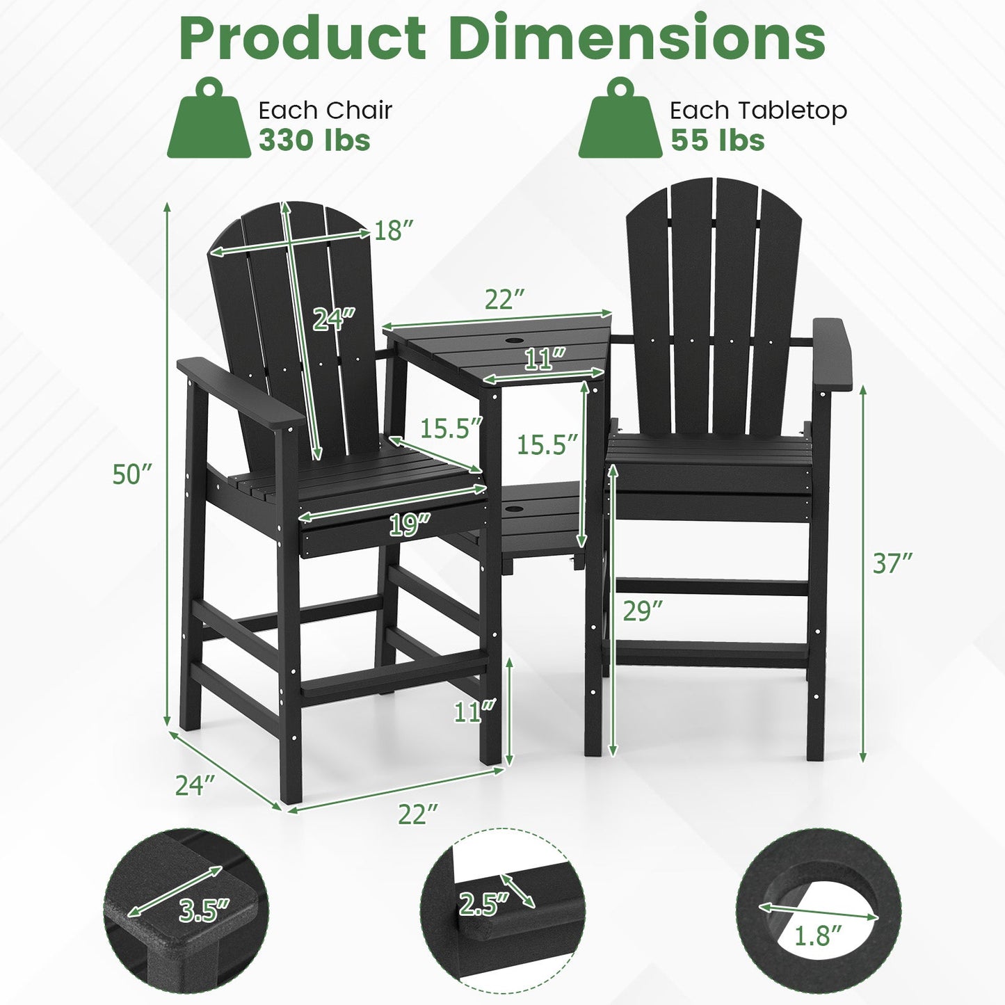 Silla Adirondack de 2 plazas para todo tipo de clima con bandeja de conexión doble - Negra