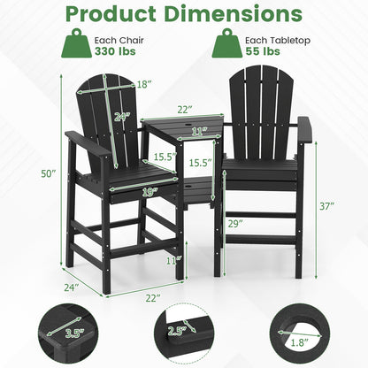 Silla Adirondack de 2 plazas para todo tipo de clima con bandeja de conexión doble - Negra