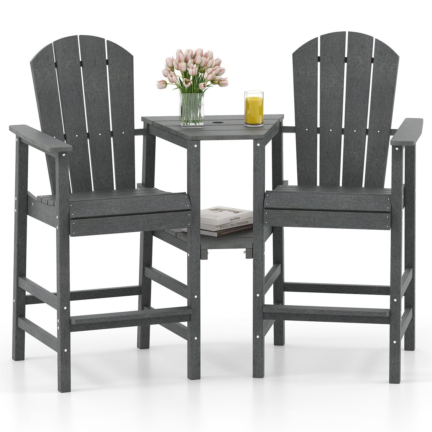 Silla Adirondack de 2 plazas para todo tipo de clima con bandeja de conexión doble - Negra