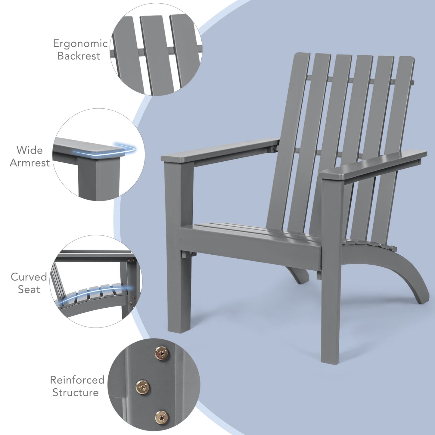 Sillón reclinable Adirondack de madera de acacia para exteriores, duradero, color gris