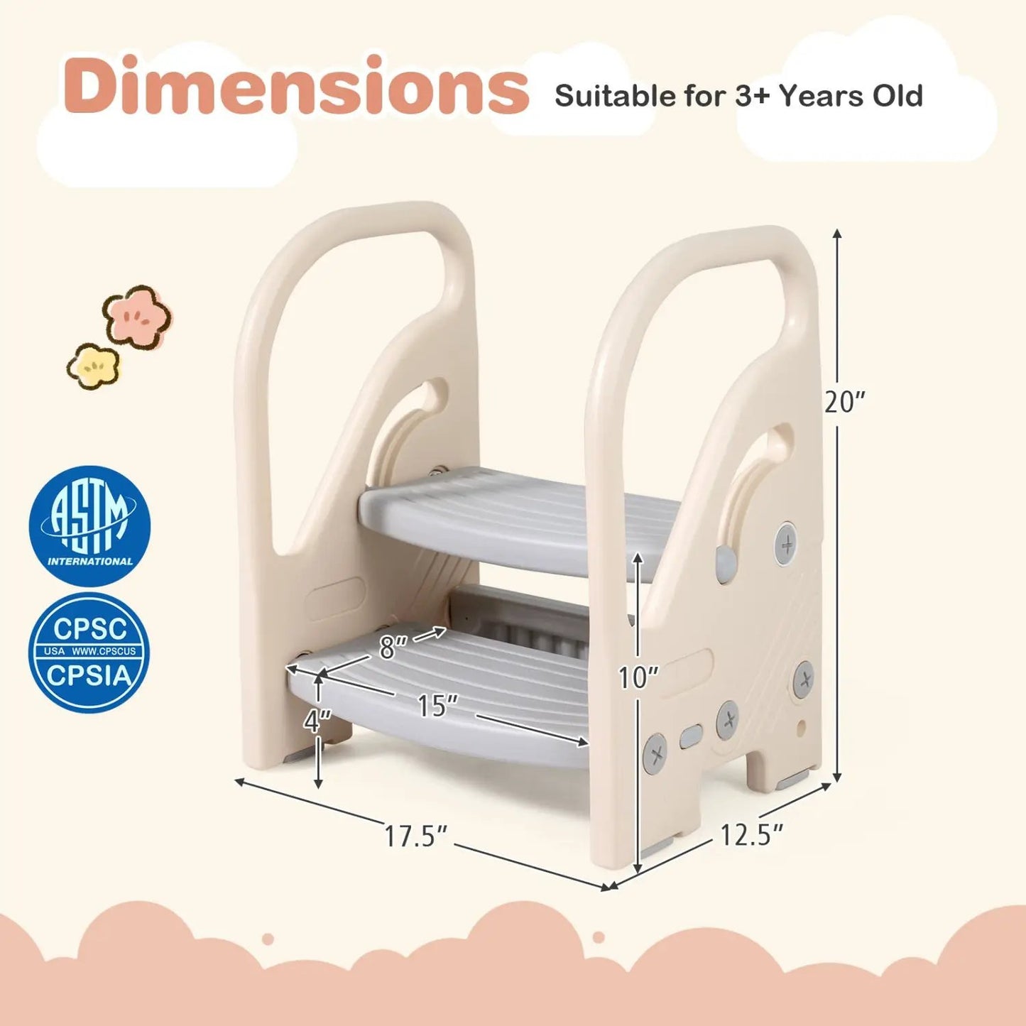 Adjustable 2-Step Kids Stool with Safety Handles